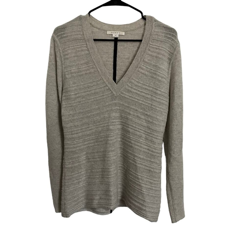 Duffy Cashmere V Neck Sweater Pullover Stripe Ribbed Gray Classic Office Size M